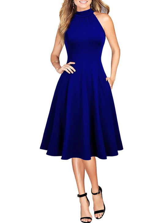 WOOSEA Womens Sleeveless Halter Neck Bodycon A-Line Cocktail Party Pockets Swing Dresses Royal Blue