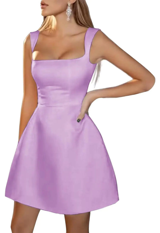 Womens A Line Satin Homecoming Dresses Sleeveless Wedding Reception Dress for Guest Short Elegant Square Neck Homecoming Dress Lilac