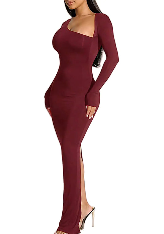 Uni Clau Long Sleeve Back Slit Wrap Formal Cocktail Dress for Women Sexy Elegant Fall Bodycon Party Club Long Maxi Dresses for Wedding Guest Red L