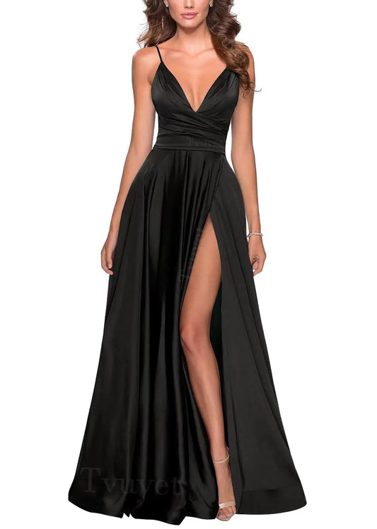 Tvuyet Black Prom Dress Long with Slit Satin Evening Dresses for Women Elegant A Line Black 02