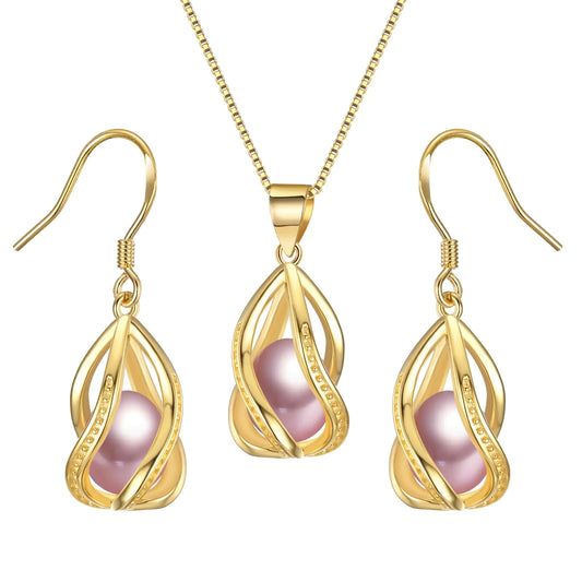 HENGSHENG Natural Pearl Jewelry Set For Women Gold Plated Necklace Pearl Pendant & Pearl Earrings Freshwater Pearl Drop Jewelry Set for Wedding Prom Gift - Purple Pearls