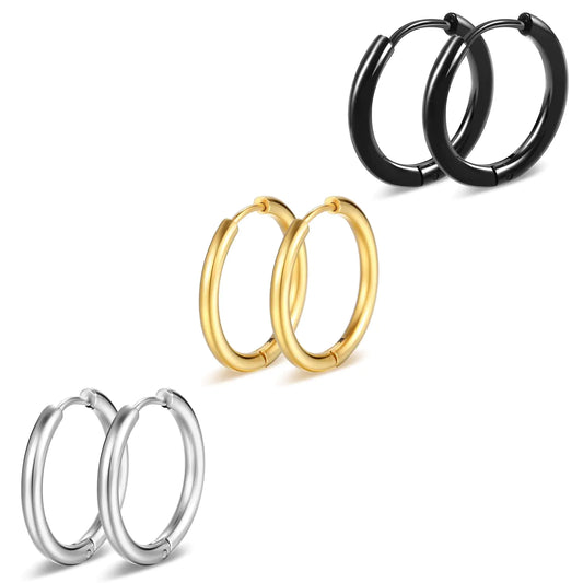 3 Pair 10mm Small Two Tone Gold Hoop Earrings for Women Men | 14K Plated Small Silver Black Huggie Hoop Earrings Set Ear Cuff Cartilage Piercings Jewelry