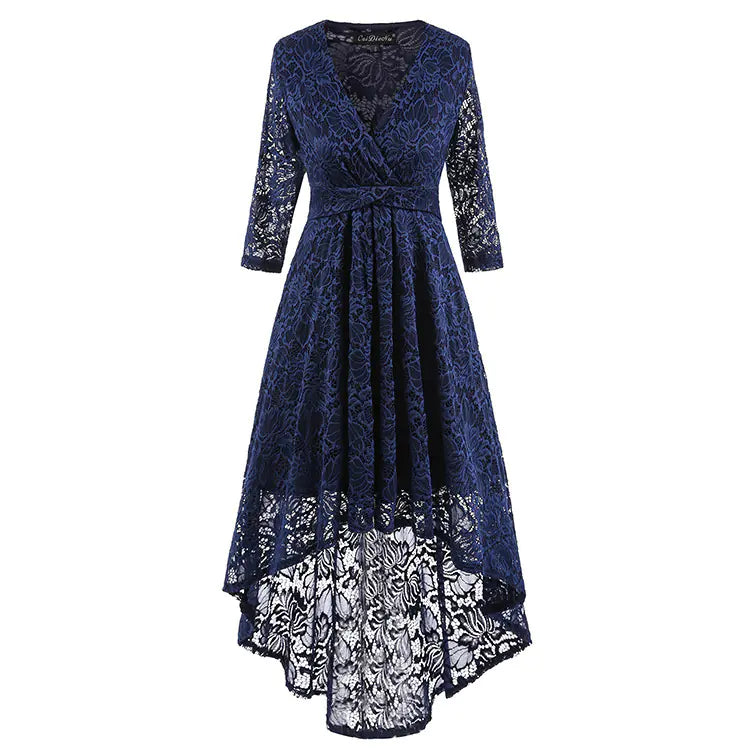 Lace Cocktail Dress with V-Neck, 3/4 Sleeve Design