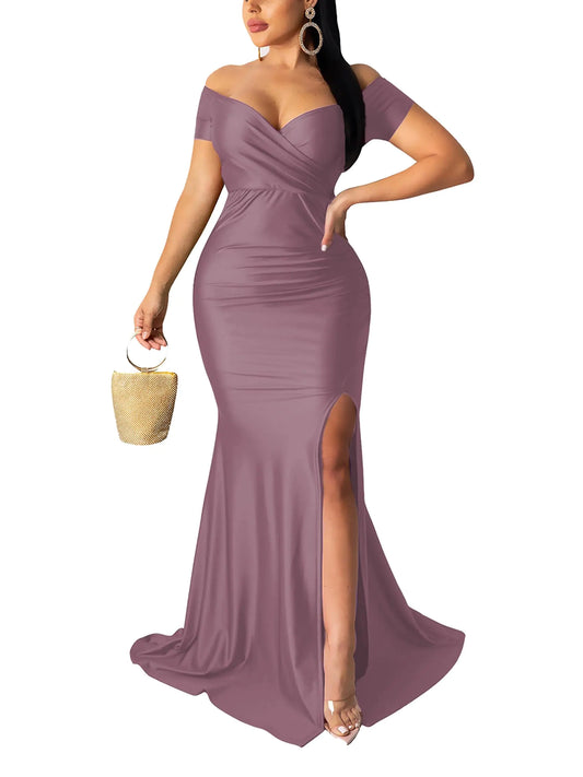 Women Sexy Off Shoulder Elegant V Neck Short Sleeve Wrap Formal Evening Gowns High Split Mermaid Party Cocktail Dress Mulberry Purple