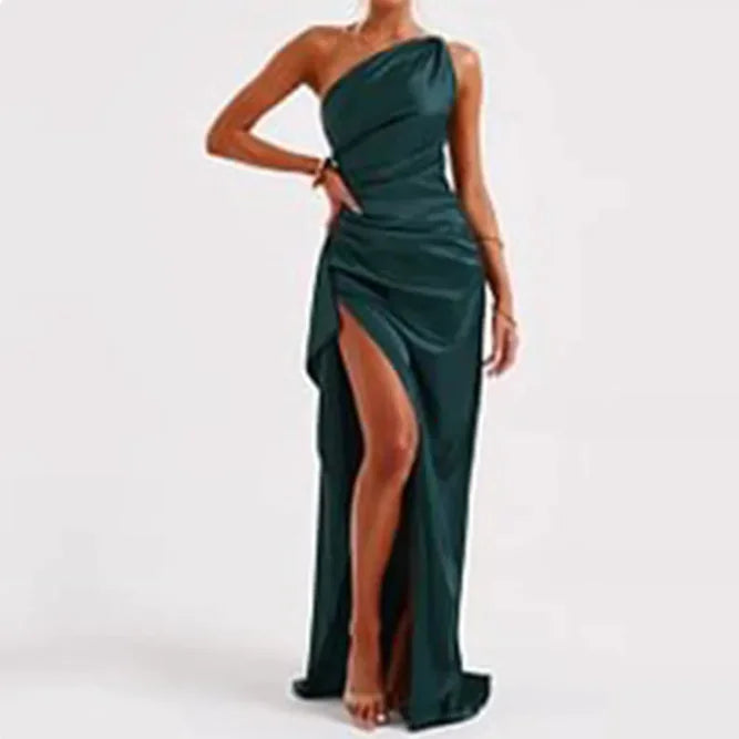 Sexy One-shoulder Backless Slit Dress Summer Elegant Slim-fit Solid Color Satin Dresses For Women