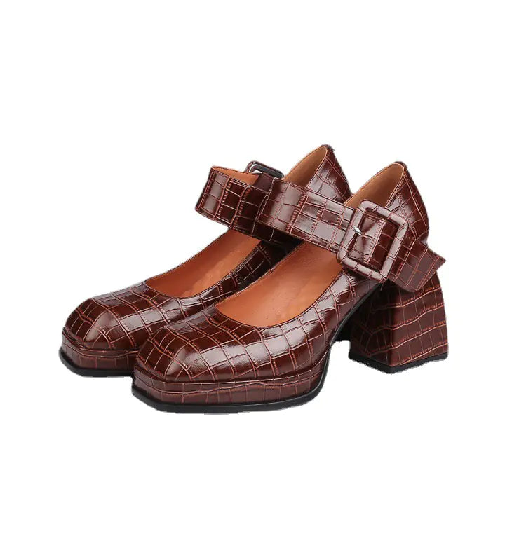 Embossed Cowhide Women's Thick Heel High Heels