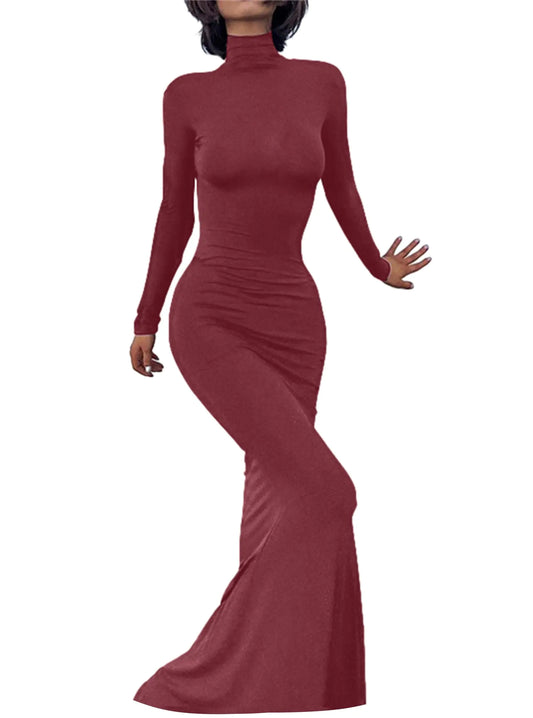 Long Sleeve Maxi Dress for Women - Casual Turtleneck Bodycon Formal Dresses Elegant Mermaid Hem 2024 Burgundy S