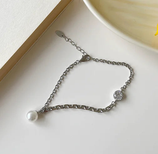 S925 Silver Pearl Cross Chain Bracelet Jewelry