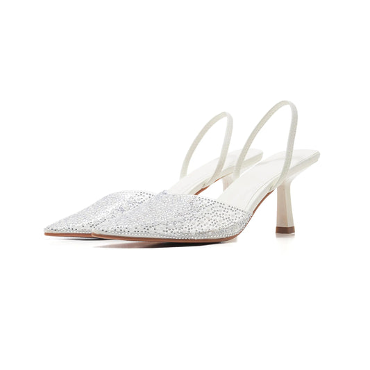 ATBELL Womens Pointy Toe Slingback Heels Pearl Kitten Heels Sparkly Rhinestone Heeled Sandals Slip On Wedding Party Shoes White Size 8.5