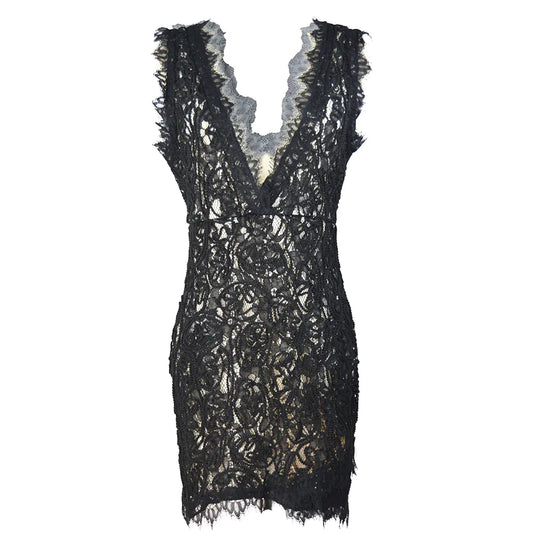 V-Neck Sleeveless Lace Cocktail Dress with Bodycon Fit