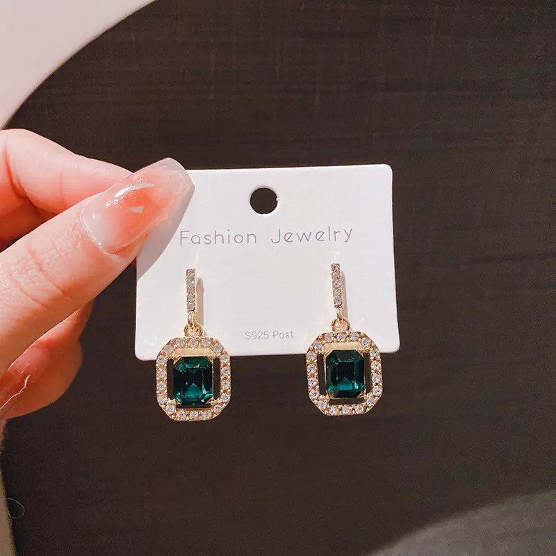 925 Silver Green Emerald Geometric Stud Earrings