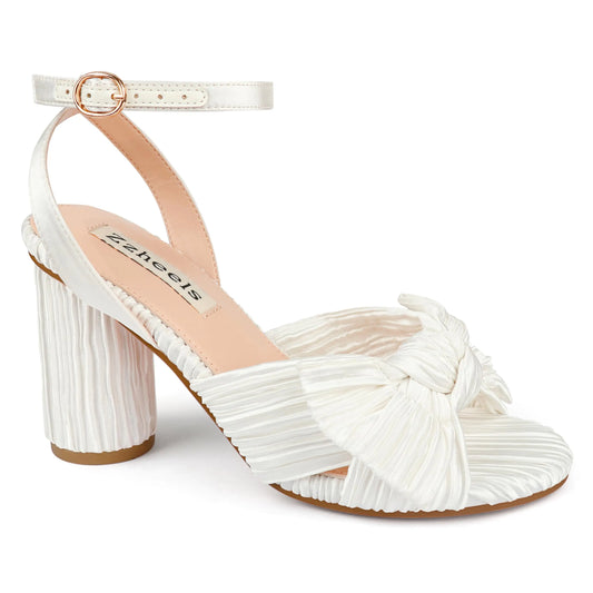 Zzheels Womens Bow Heels Chunky Heel Sandals Open Toe Ankle Strap Block Shoes Bridal Shoes Wedding Heels White US7