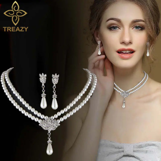 Elegant Pearl Jewelry Set with Crystal Inlaid Necklace