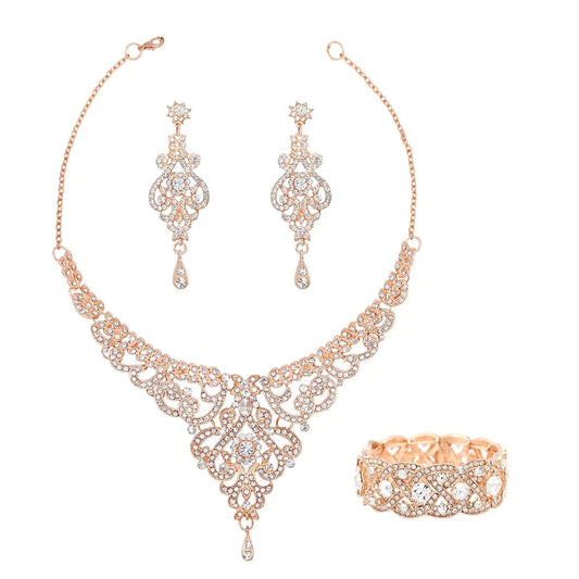 Hapibuy Crystal Rose Gold Bridal Wedding Necklace and Earrings Jewelry Set Bracelets For Women and Brides