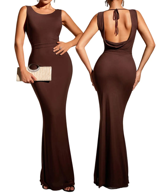 XinFSh Womens 2024 Formal Bodycon Maxi Long Dress Elegant Sleeveless Wedding Guest Evening Party Dresses Brown