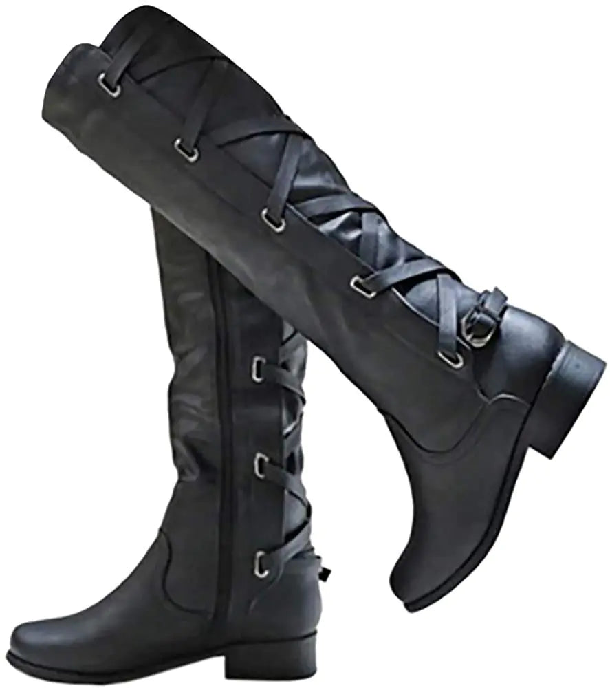 Womens Lace Up Knee High Boots Motorcycle Riding Flat Low Heels Strappy Winter Boots