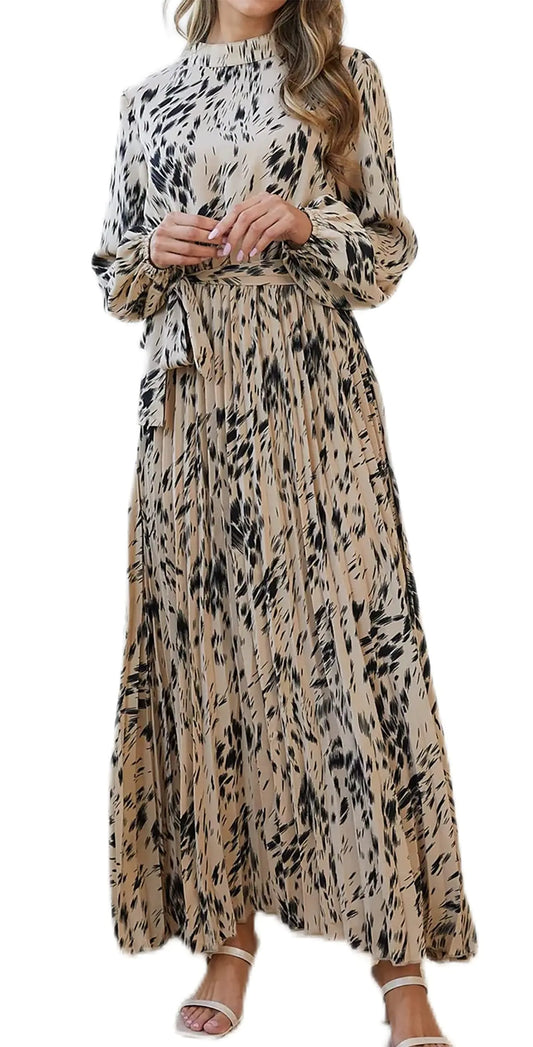 R.Vivimos Fall Dresses for Women Long Sleeve Pleated Casual Mock Neck Elegant Print Maxi Dress with Belt (Medium Khaki)