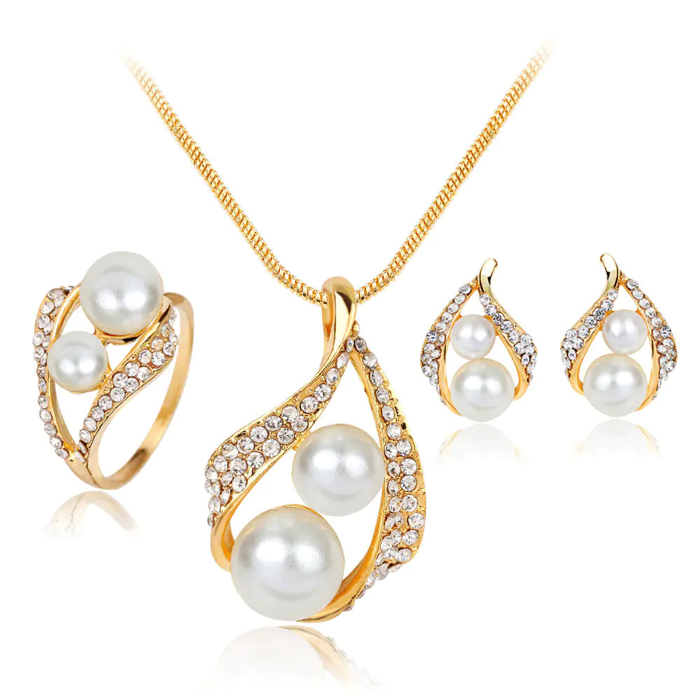 Fashion Pearl Jewelry Set: Earrings, Necklace, Ring