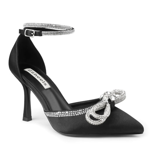 Zzheels Womens Wedding Heels Sparkly Rhinestone Stiletto Pumps Bow Heels Pointed Toe Ankle Strap High Heels Bridal Party Dress Shoes Black US9.5