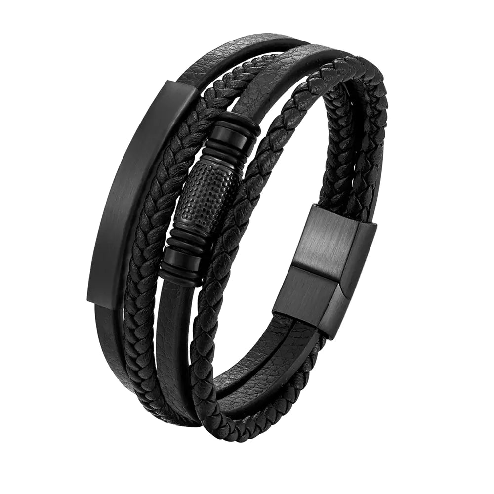 Men's Multilayer Leather Bracelet with Stainless Steel Beads
