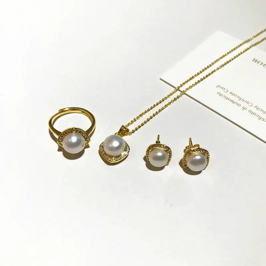Natural Pearl Jewelry Set: Necklace, Earrings, Ring