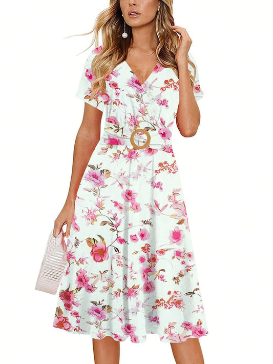 Knee Length Dress for Women Elegant Criss-Cross V Neck Church Vintage Floral Print Casual Tea Fit and Flare Dresses with Pockets 980 Rose White XXL