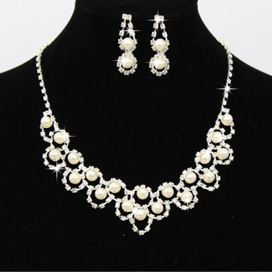Bridal Jewelry Set with Pearl Necklace and Earrings