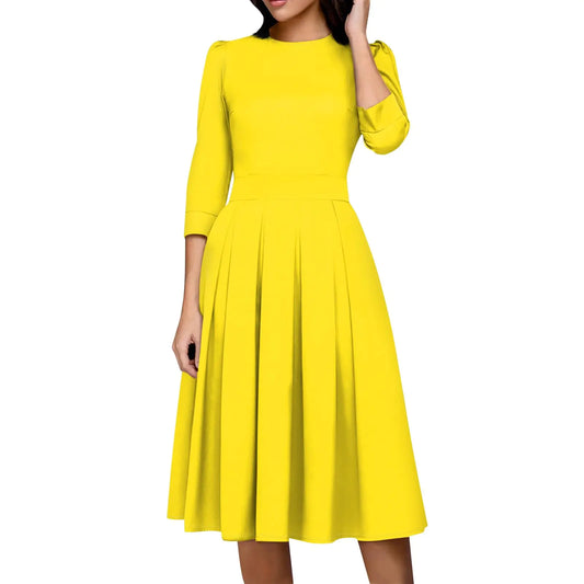 Vintage Midi Dresses for Women Modest 3/4 Sleeve Crew Neck Wrap Dress A Line Pleated Wedding Guest Dress with Pockets Elegant Back Zipper Tea Party Dress Formal Evening Dress Swing Vacation Dress