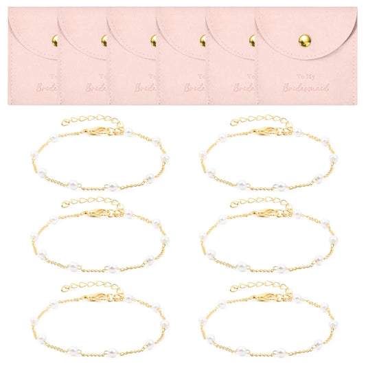 DEEKA 12 Pcs Jewelry Bridesmaid Gifts Microfiber Small Jewelry Bags Pouch & Pearl Bracelet Set of 6 Jewelry Packaging Bridesmaid Proposal Gift Wedding Favors Bridal Party Favors Gifts (Pink Gold)