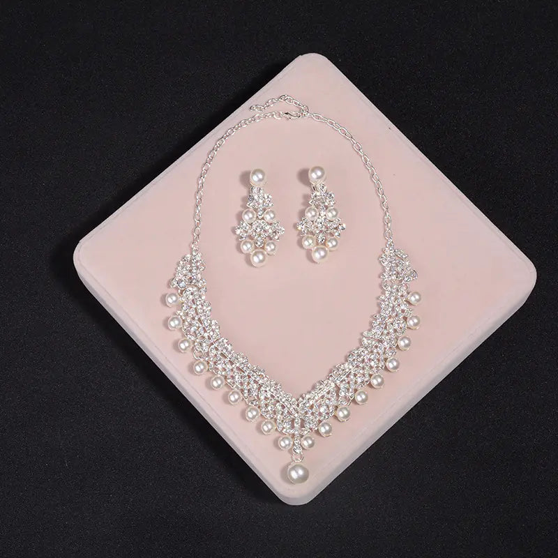 Korean Bridal Jewelry Set with Pearl Necklace & Earrings