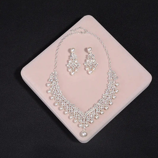 Korean Bridal Jewelry Set with Pearl Necklace & Earrings