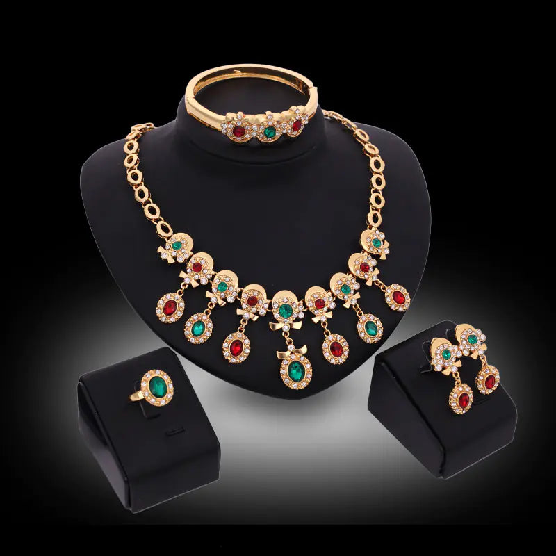 Bridal Gold Jewelry Set with Colorful Rhinestones