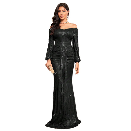 TOLEEN Womens Formal Sequin Bodycon Dresses One Shoulder Elegant Cocktail Party Maxi Dress Black