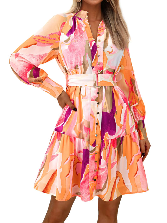 MASCOMODA Fall Dresses for Women 2024 Elegant Long Sleeve Button Short Floral Dress Chiffon A-Line Tie Waist Flowy Mini Dress(Orange Purple FlowerX-Large)