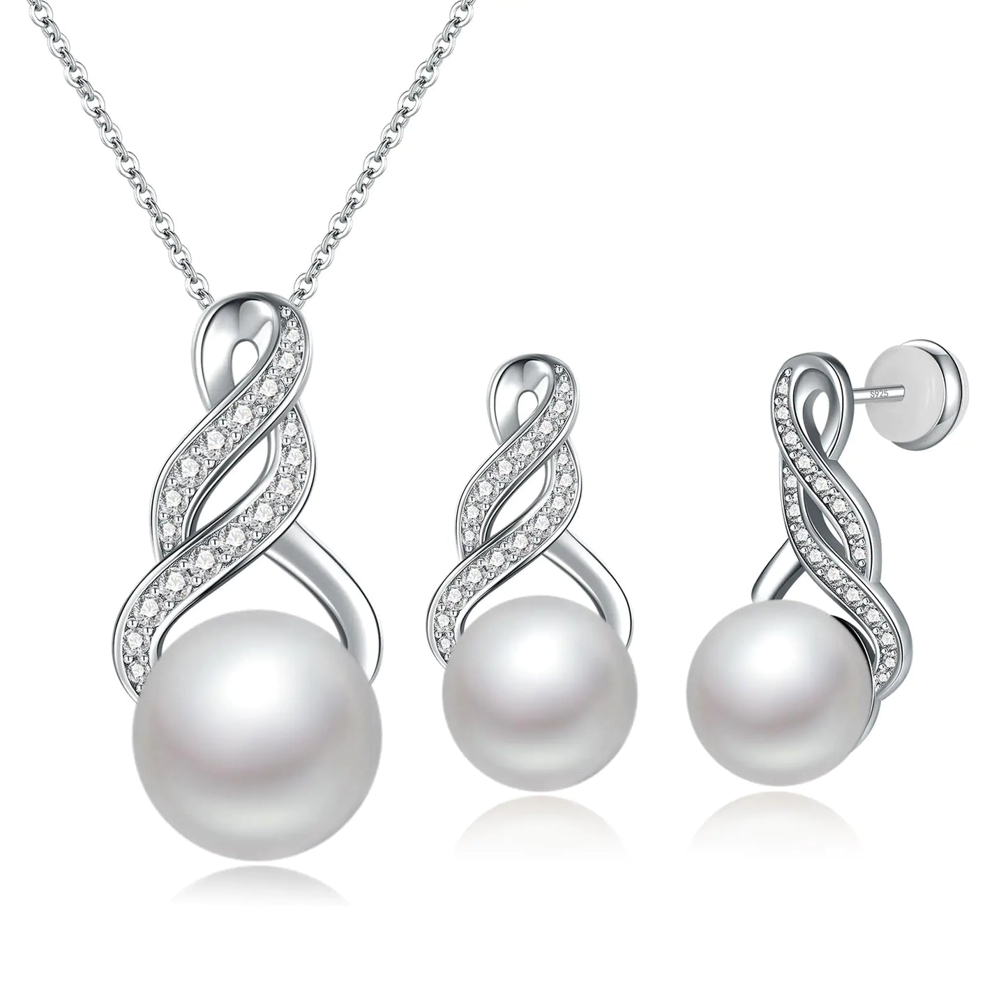 LOIPURI Pearl Necklace and Earring Set for Women-Infinity Round White Pearl Jewelry Set Cubic Zirconia Sterling Silver Rhodium Plated Pearl Set Anniversary Valentines Day Birthday Gift Wife Mom