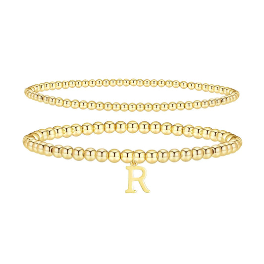 Lisitine Gold Bracelets for Women 14K Gold Plated Initial Beaded Bracelets Gold Stretch Bead Ball Bracelet stack Set Adjustable Gold Jewelry for Women