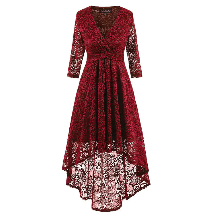 Lace Cocktail Dress with V-Neck, 3/4 Sleeve Design
