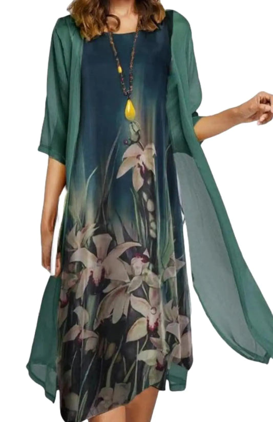 Women Two Piece Sets Boho Floral Print Maxi Dress with Chiffon Cardigan Flowy Wedding Guest Maxi Dress 3/4 Sleeve Elegant Mother of The Bride Dresses Large