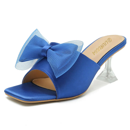 LIURUIJIA Womens Bow Heels Mules Sandals Square Toe Slip On Low Kitten Heels Wedding Bridal Dress Shoes Royal Blue 42 US 9.5