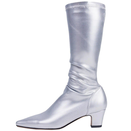 MISSMILLER Womens Pointed Toe Mid Calf Boots Stretch Chunky Heels Fashion Dress Booties Shoes