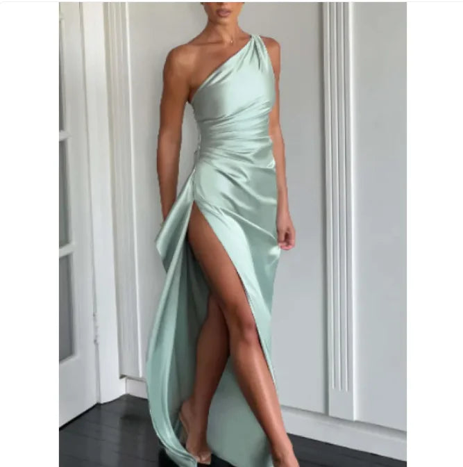 Sexy One-shoulder Backless Slit Dress Summer Elegant Slim-fit Solid Color Satin Dresses For Women
