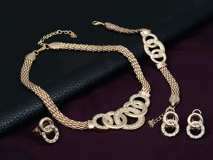 18K Gold-Plated Jewelry Set: Necklace, Earrings, Bracelet, Ring