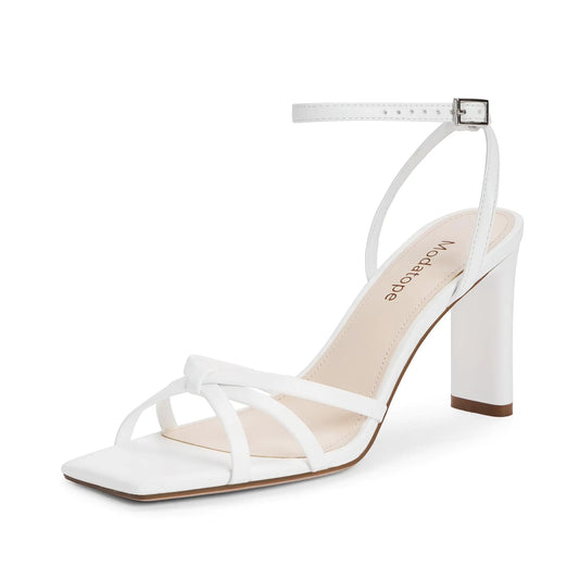 Modatope White Womens Sandals Square Open Toe Chunky Heels Strappy Ankle Strap Heels Dress Party Shoes Size 6
