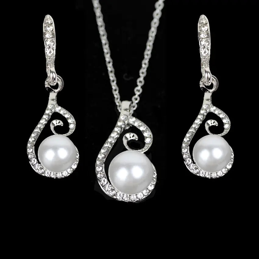 Bridal Jewelry Set with Pearl and Rhinestone Earrings