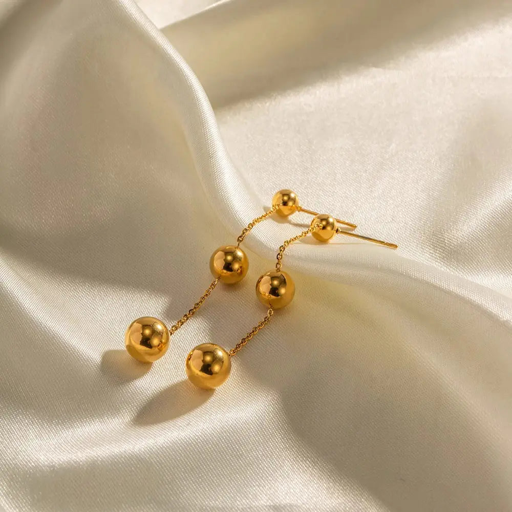 Gold Titanium Steel Round Ball Tassel Earrings