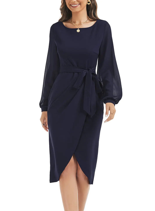 Wedding Guest Dresses for Women Petite Elegant V-Back Chiffon Long Sleeve Belted Split Ruched Casual Work Sheath Semi-Formal Cocktail Dress 876 Navy Blue S
