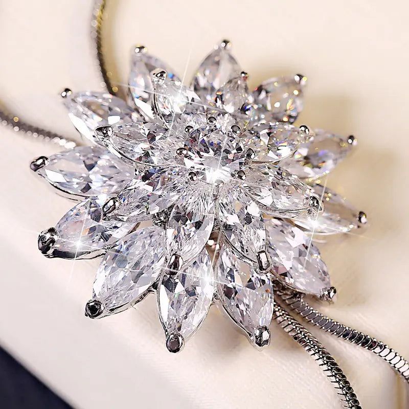 Fashionable Long Necklace with Zirconia Snowflake Design