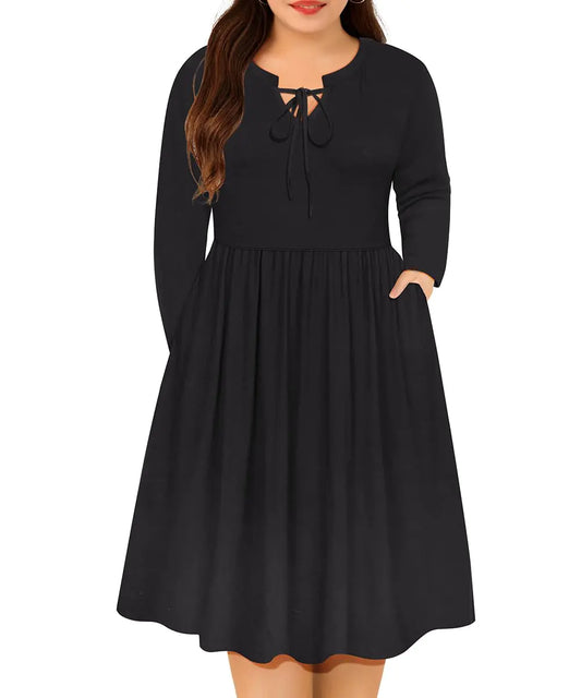 CARCOS Plus Size Dress for Women Tie V Neck Midi Dresses Casual Long Sleeve Solid Black Boho Dress Elastic High Waist A-Line Tunic Dresses Fall Winter Elegant Party Dress with Pockets 5XL 26W 28W