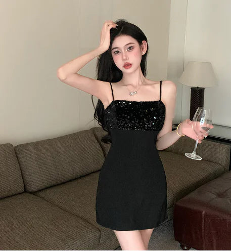 Sexy Spaghetti Strap Sequin Bodycon Little Black Dress