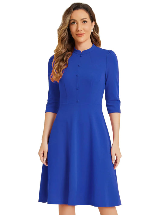 Allegra K Vintage Dresses for Womens 3/4 Sleeves Stand Collar Office Work Elegant A-Line Dress Small Royal Blue